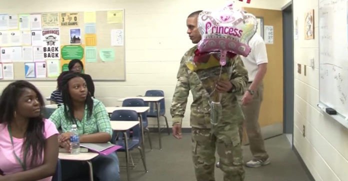 Soldier Walks In A Class Full Of Students With…