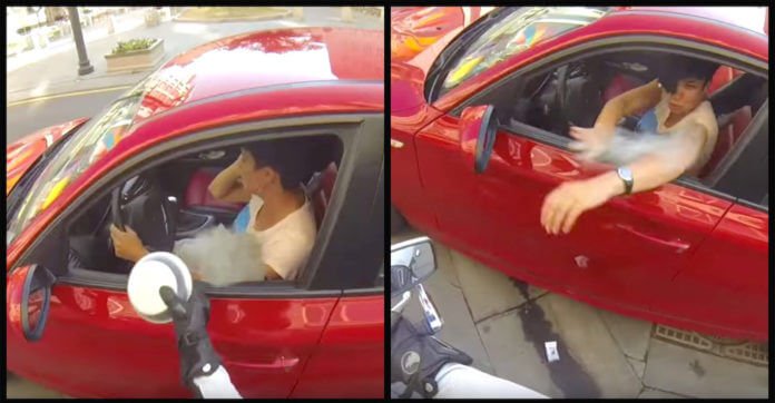 Litterbug Throws Trash Out Of The Car. Then Biker…