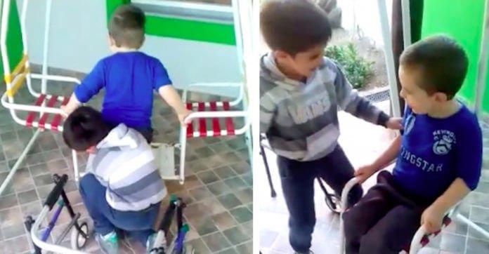 Little Boy Was Determined To Help His Disabled Friend Sit On The Swing With Him!